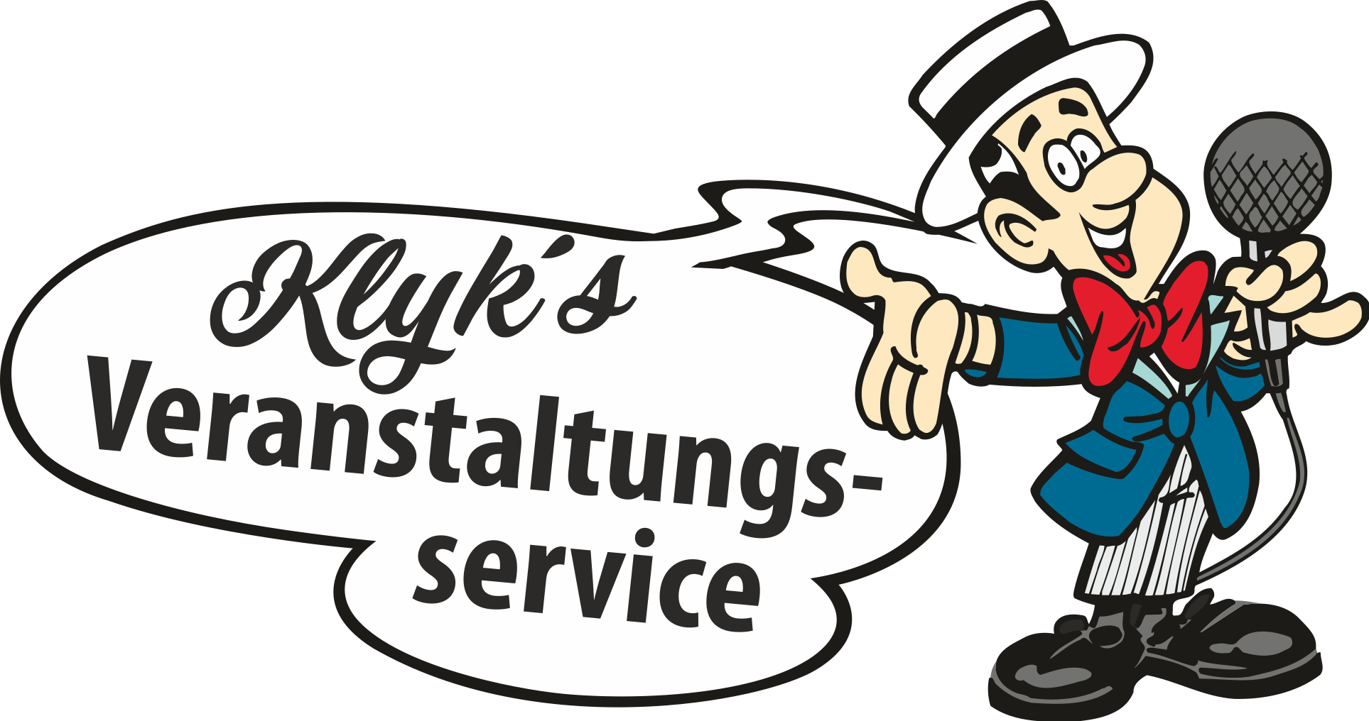 Logo von Klyk's Veranstaltungsservice mit einer illustrierten Moderator-Figur im Anzug und mit Mikrofon.